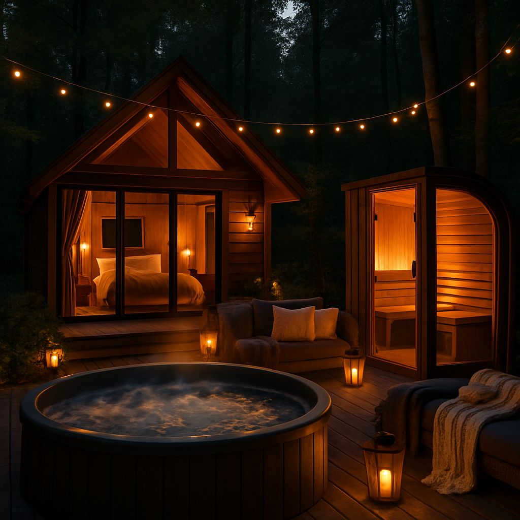 The image depicts a luxurious glamping cabin nestled in a serene forest setting surrounded by tall lush trees The cabin features large windows invitin-1-1